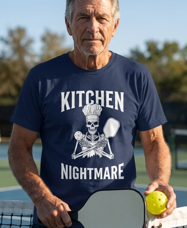 Man wearing Kitchen Nightmare Skeleton Tee funny pickleball shirt, ready to play on the court.Kitchen Nightmare Skeleton Tee funny pickleball shirt