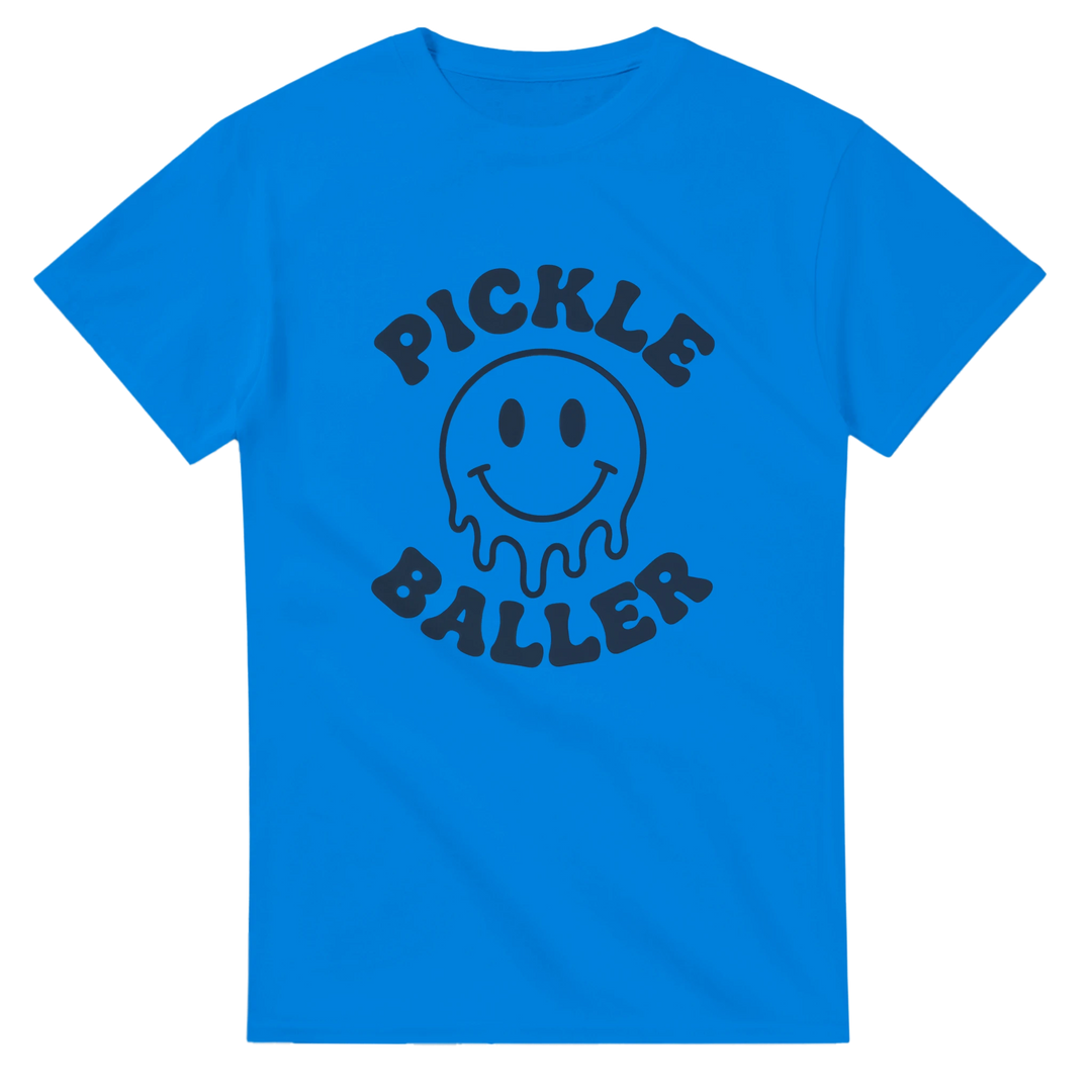 Pickle Baller Melting Smiley Tee funny pickleball graphic 