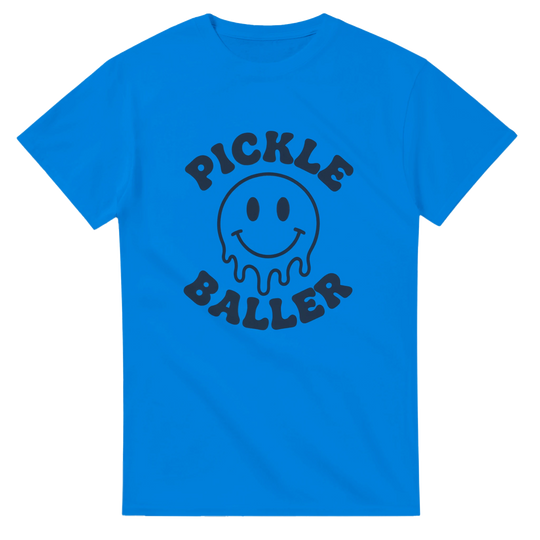 Pickle Baller Melting Smiley Tee funny pickleball graphic 