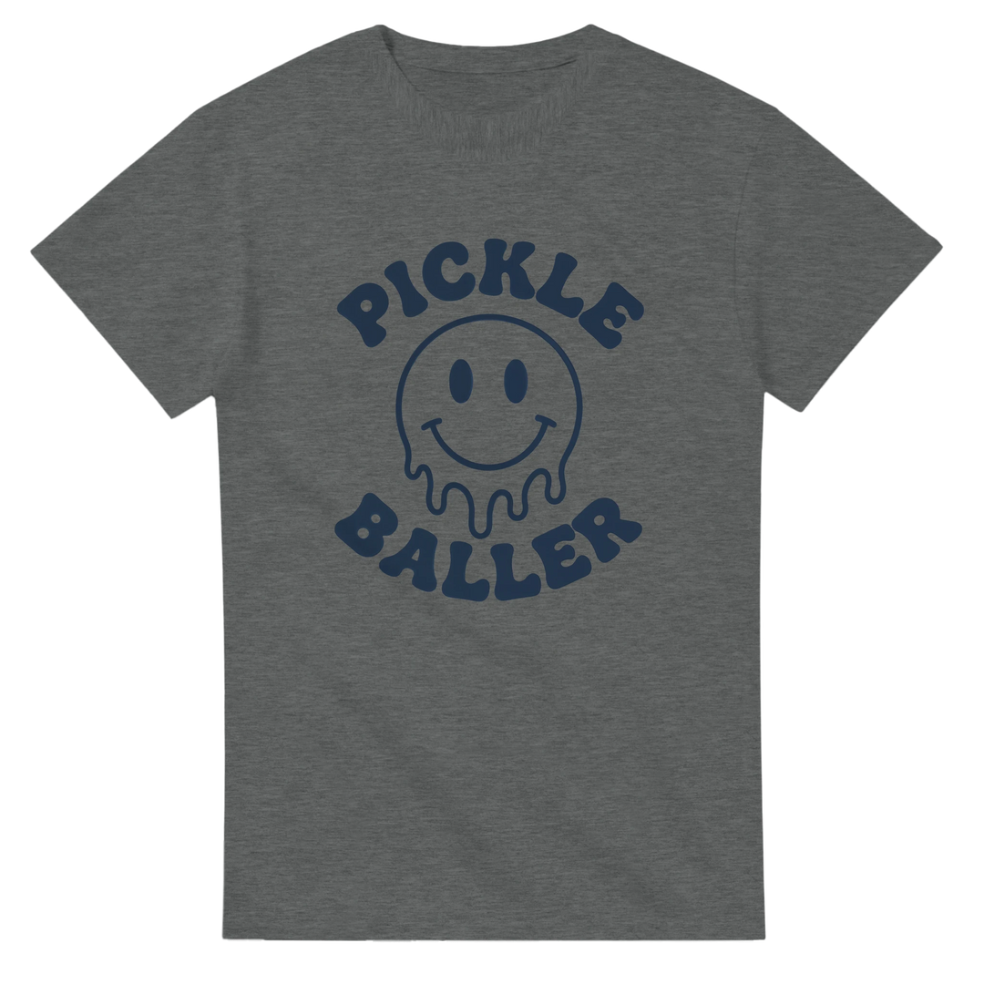 Pickle Baller Melting Smiley Tee funny pickleball graphic 