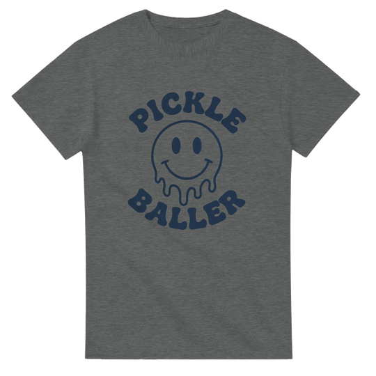 Pickle Baller Melting Smiley Tee funny pickleball graphic 
