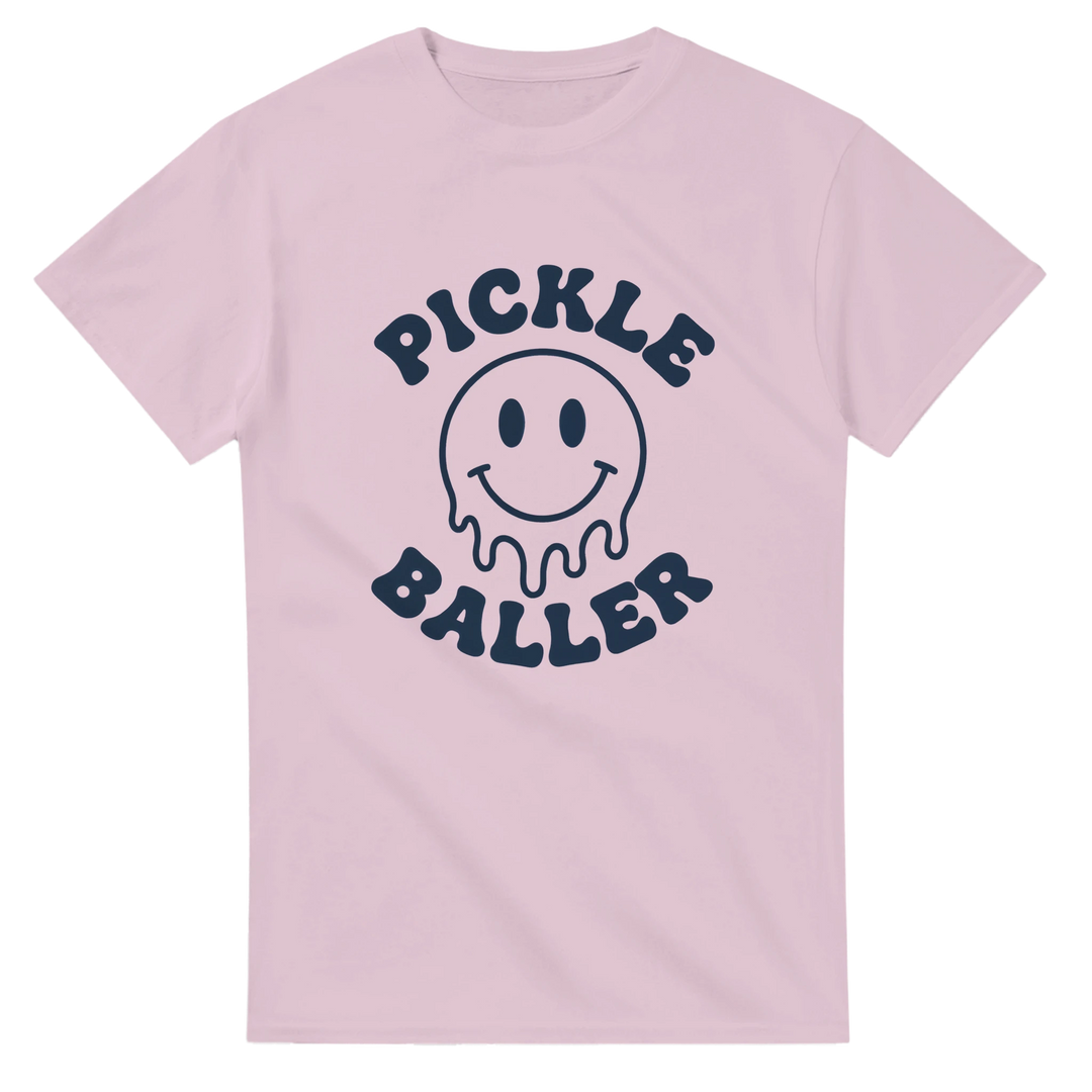 Pickle Baller Melting Smiley Tee funny pickleball graphic 