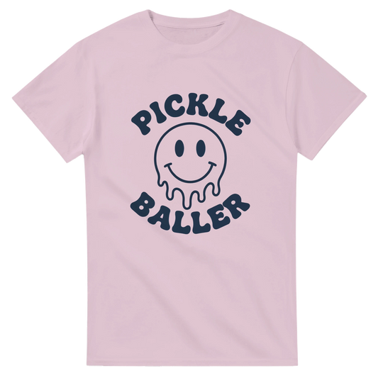 Pickle Baller Melting Smiley Tee funny pickleball graphic 