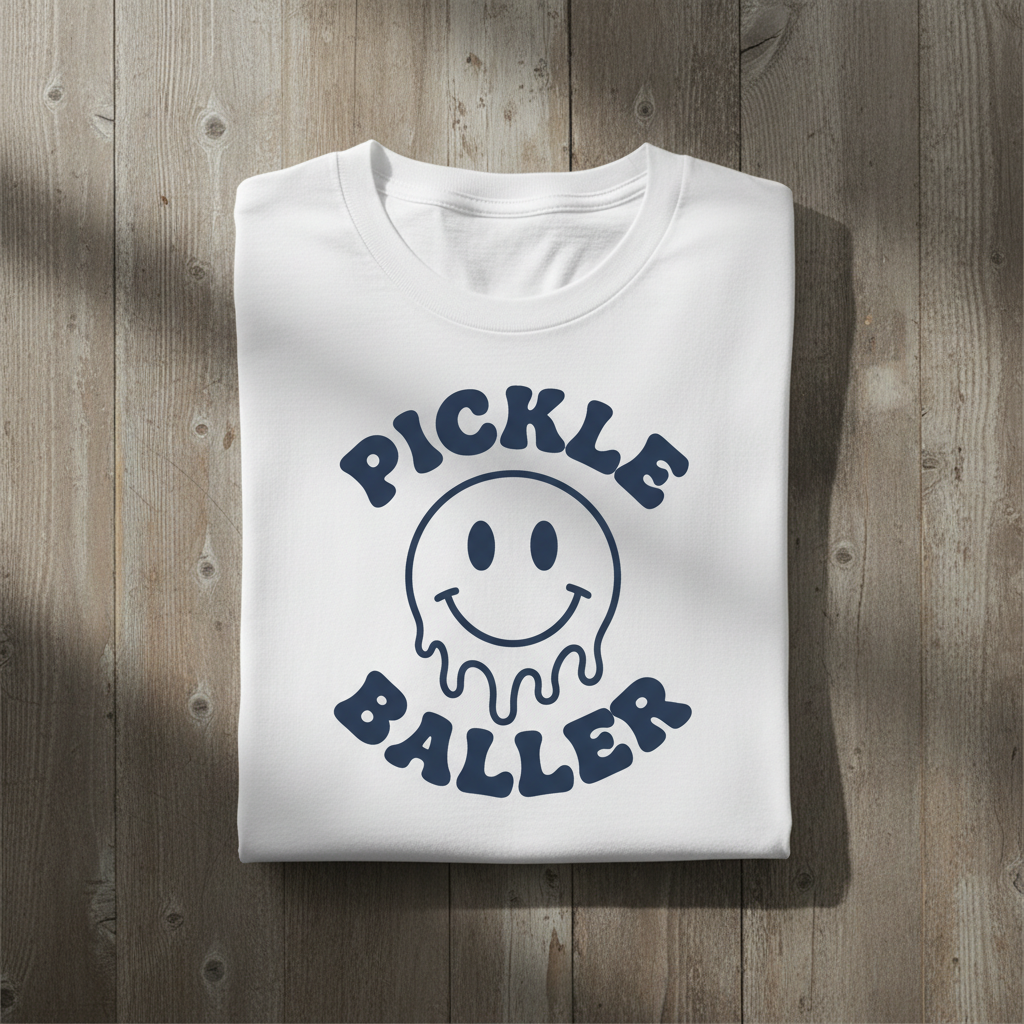 Pickle Baller Melting Smiley Tee funny pickleball graphic 