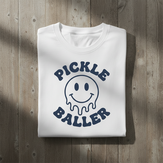 Pickle Baller Melting Smiley Tee funny pickleball graphic 