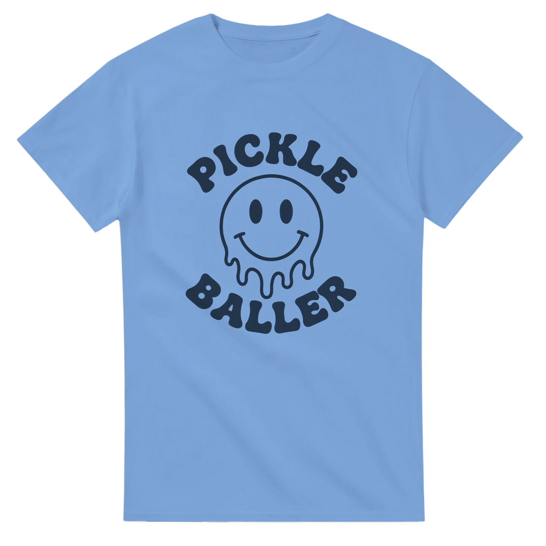 Pickle Baller Melting Smiley Tee funny pickleball graphic 