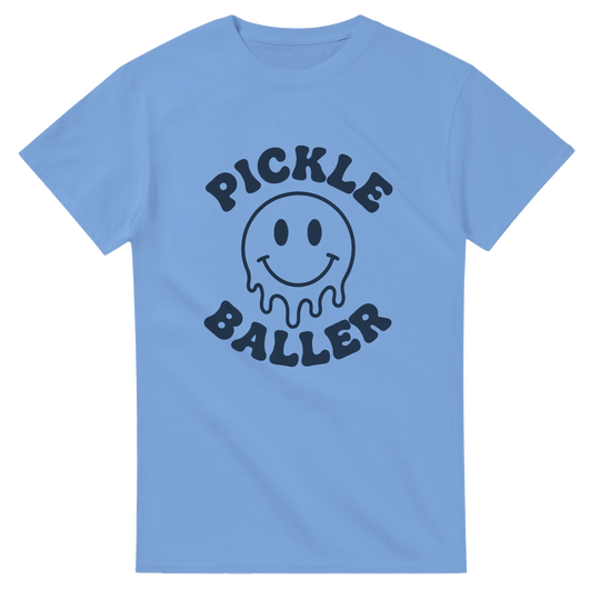 Pickle Baller Melting Smiley Tee funny pickleball graphic 