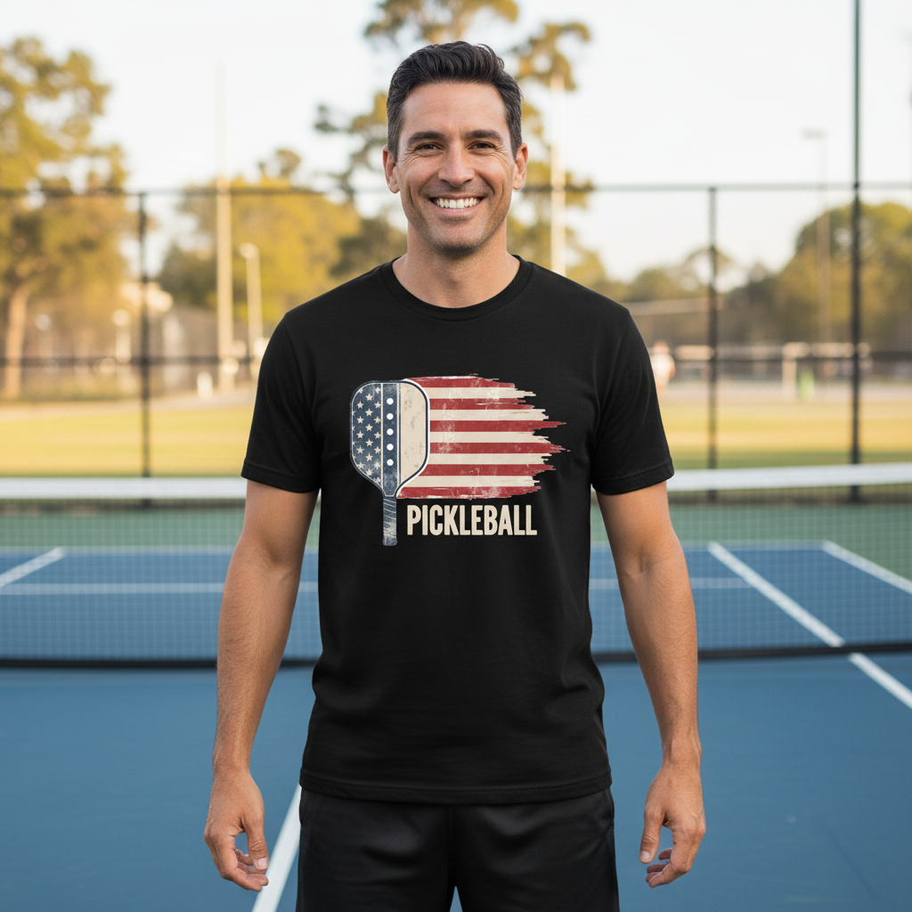 American Flag Pickleball Paddle Patriotic Tee