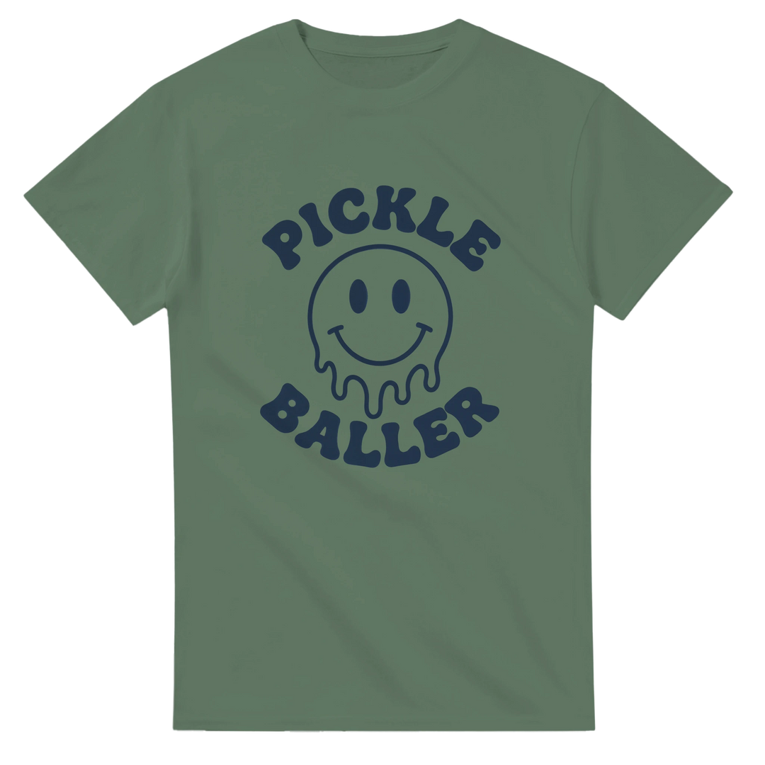 Pickle Baller Melting Smiley Tee funny pickleball graphic 