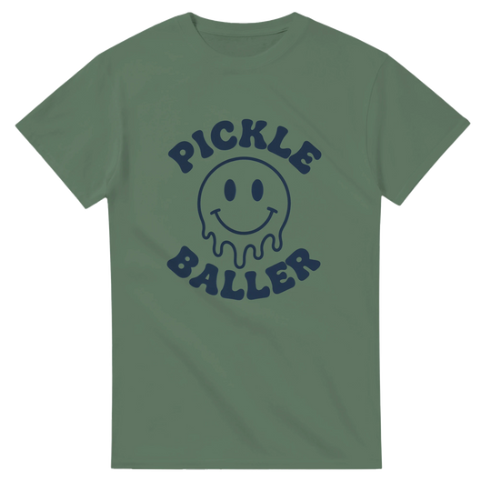 Pickle Baller Melting Smiley Tee funny pickleball graphic 