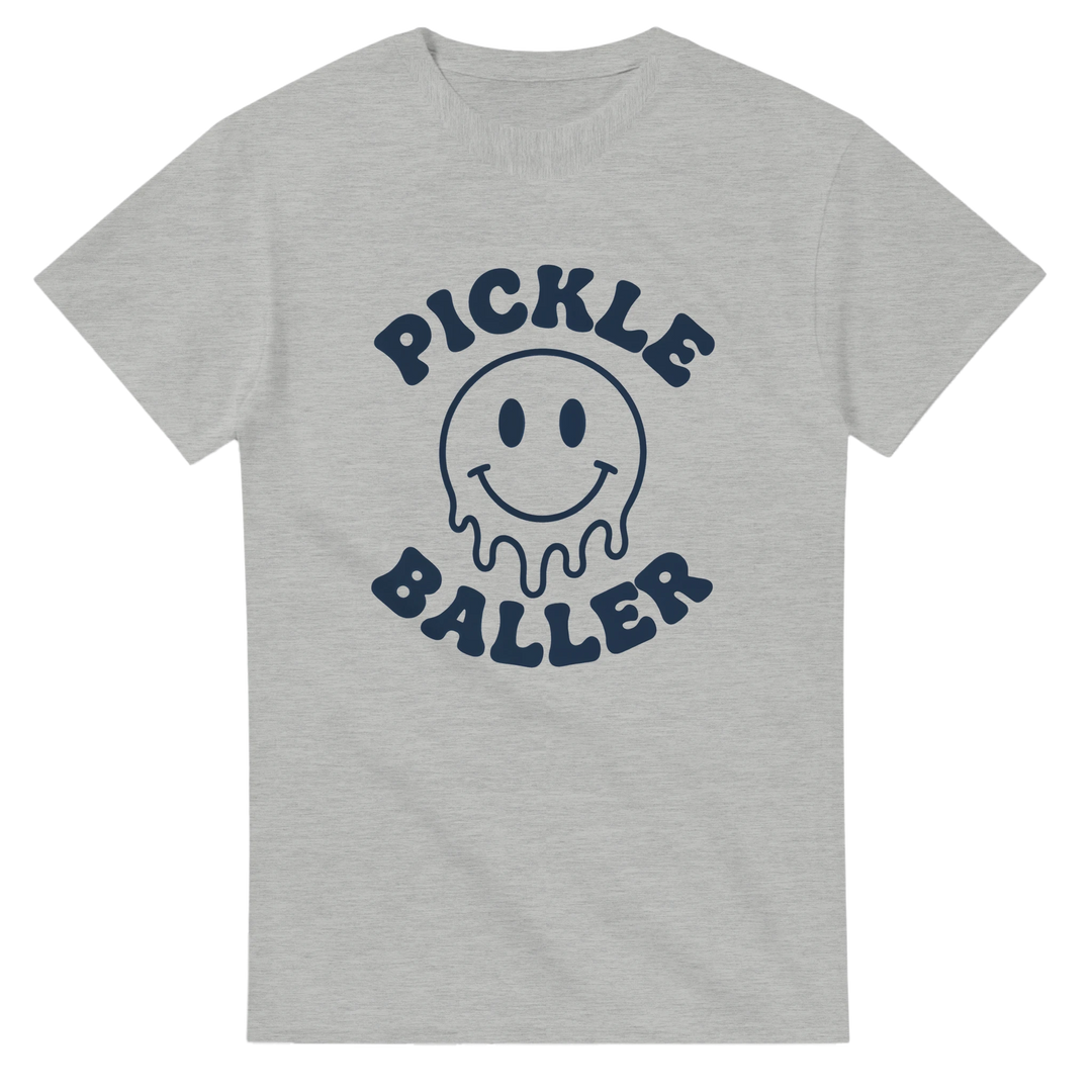 Pickle Baller Melting Smiley Tee funny pickleball graphic 