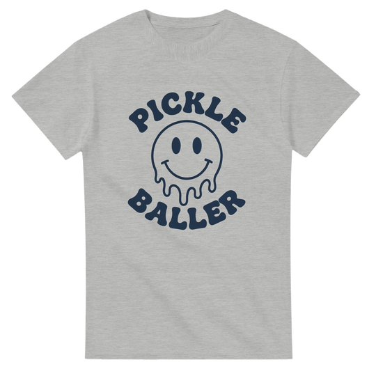 Pickle Baller Melting Smiley Tee funny pickleball graphic 