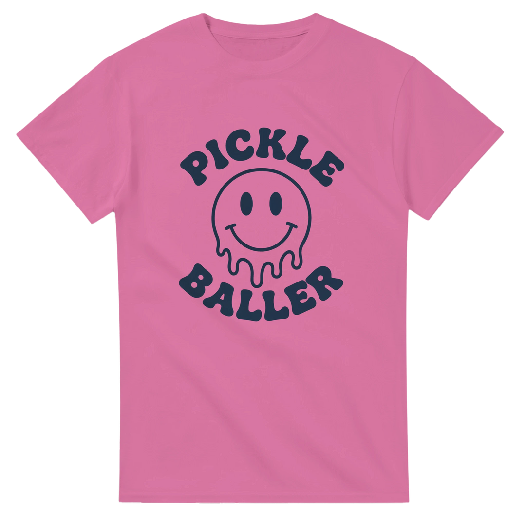 Pickle Baller Melting Smiley Tee funny pickleball graphic 