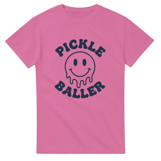 Pickle Baller Melting Smiley Tee funny pickleball graphic 