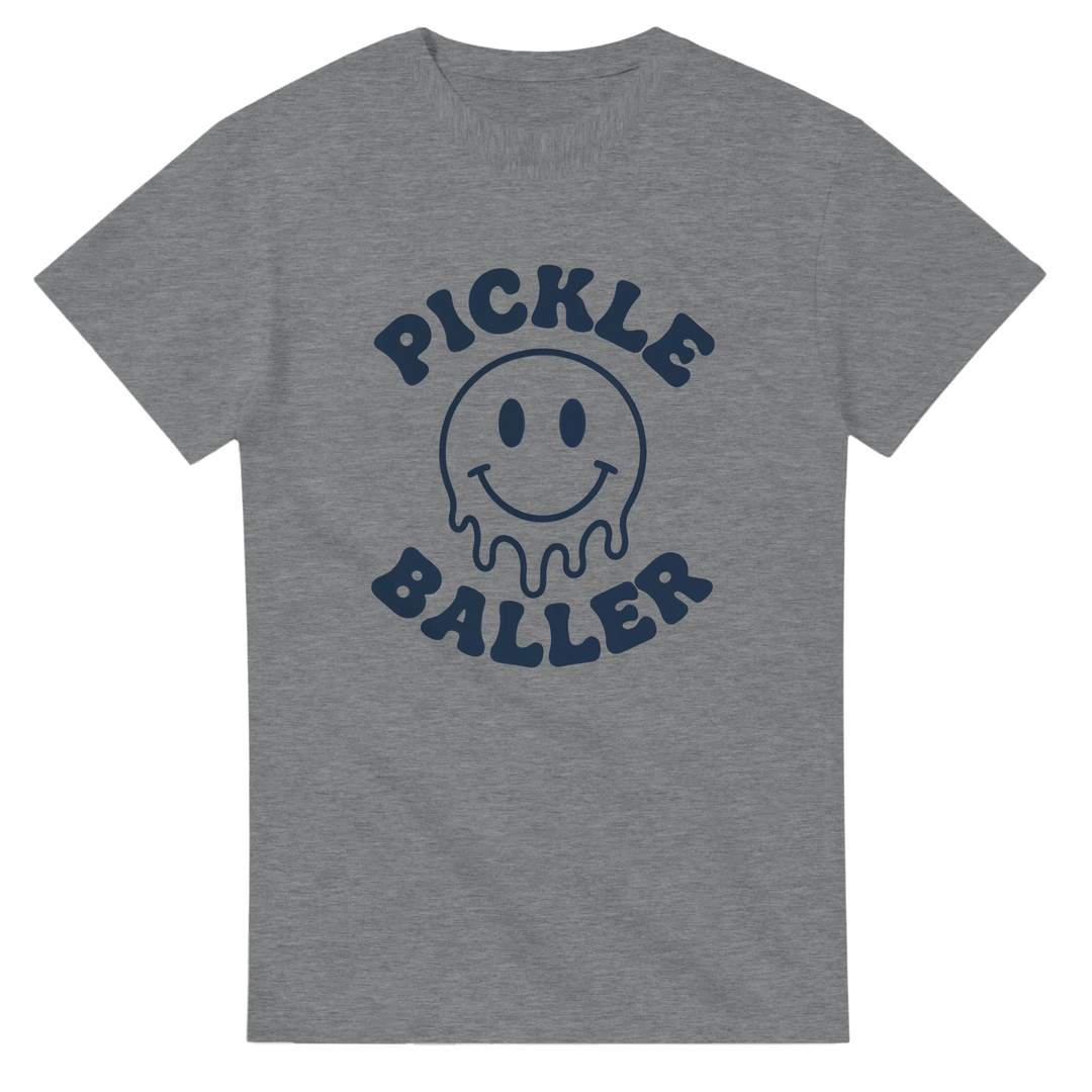 Pickle Baller Melting Smiley Tee funny pickleball graphic 