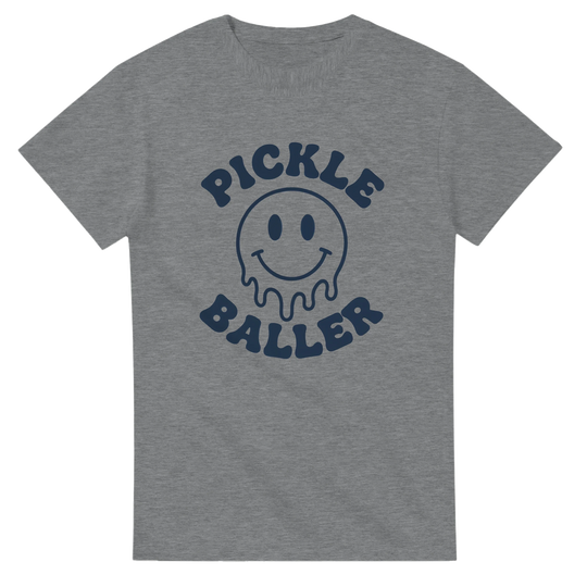 Pickle Baller Melting Smiley Tee funny pickleball graphic 