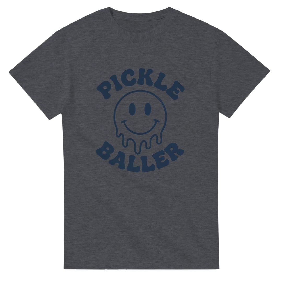 Pickle Baller Melting Smiley Tee funny pickleball graphic 