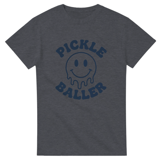 Pickle Baller Melting Smiley Tee funny pickleball graphic 