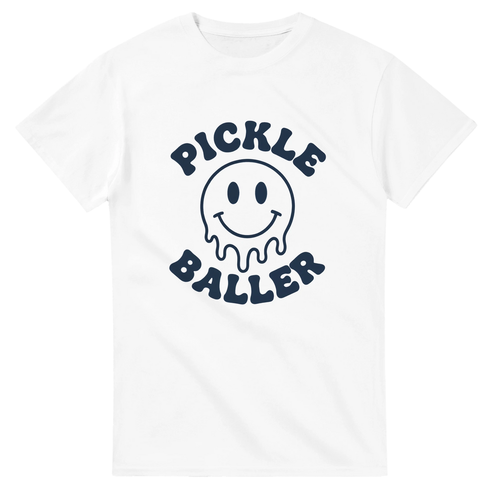 Pickle Baller Melting Smiley Tee funny pickleball graphic 
