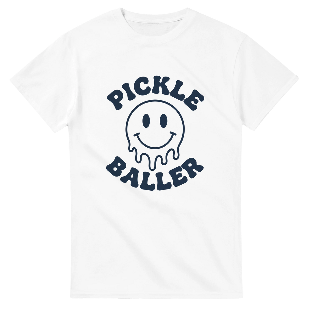 Pickle Baller Melting Smiley Tee funny pickleball graphic 