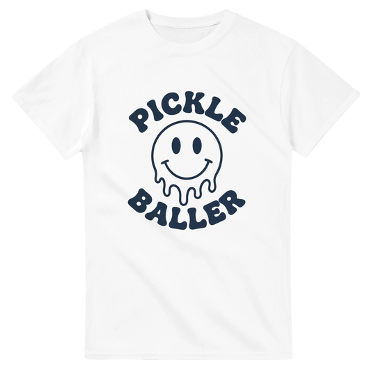 Pickle Baller Melting Smiley Tee funny pickleball graphic 