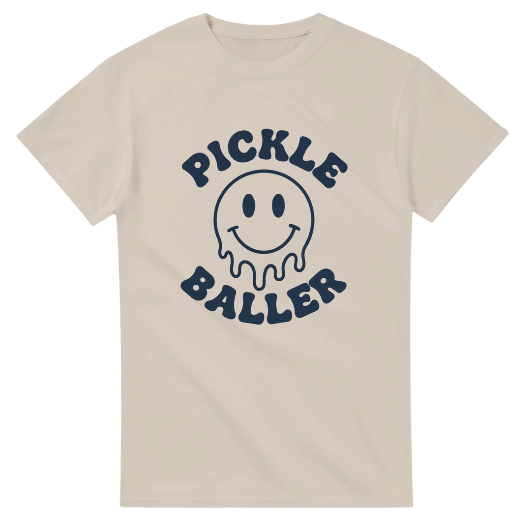 Pickle Baller Melting Smiley Tee funny pickleball graphic 