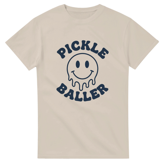 Pickle Baller Melting Smiley Tee funny pickleball graphic 